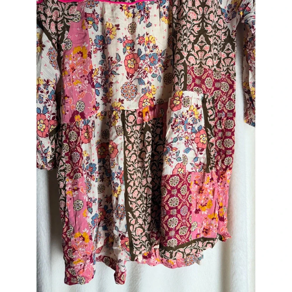 Zara Kids Girls Patchwork Floral Tiered Dress Pink Brown Size 11-12 Boho